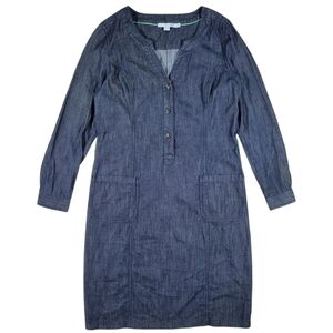 Boden Denim Chambray Dress Womens 8L Dark‎ Blue Long Sleeve Knee Length Pockets